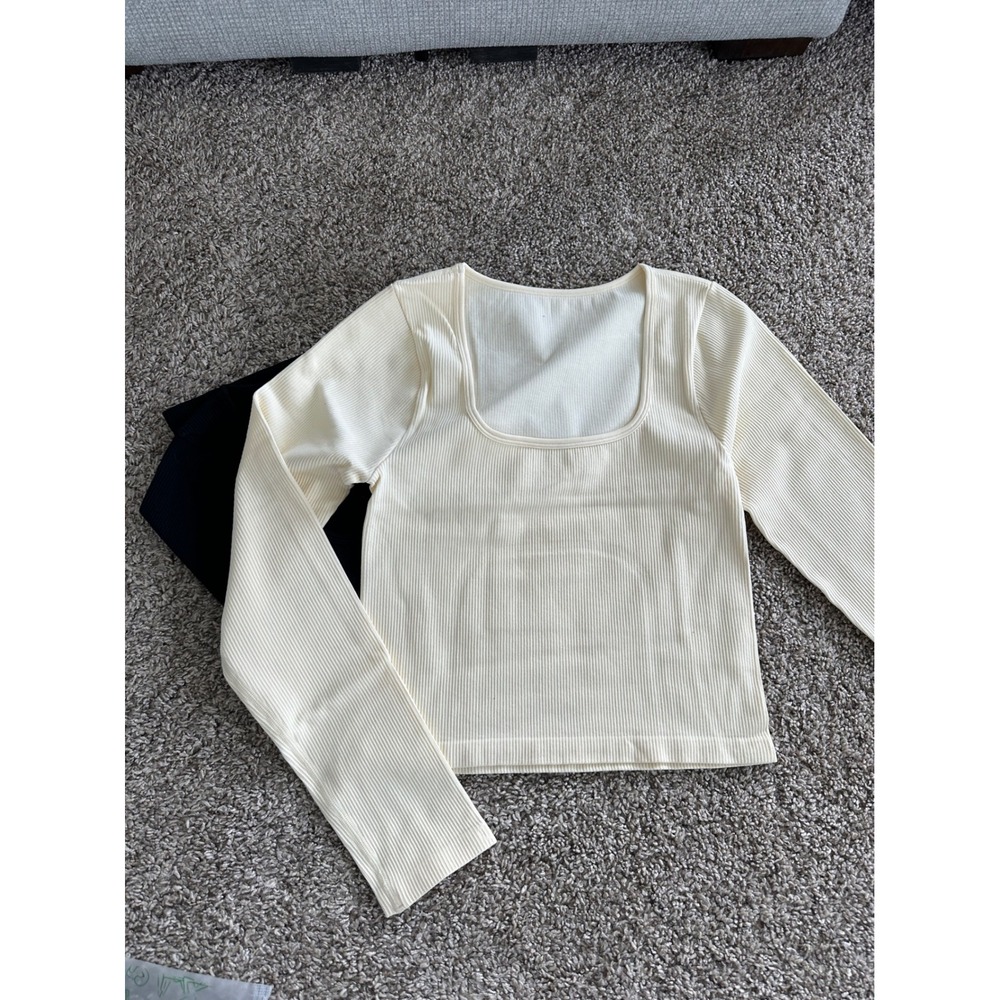 OQQ Ribbed Knit Top Square Neck Long Sleeve‎ Fitted Crop Top Large